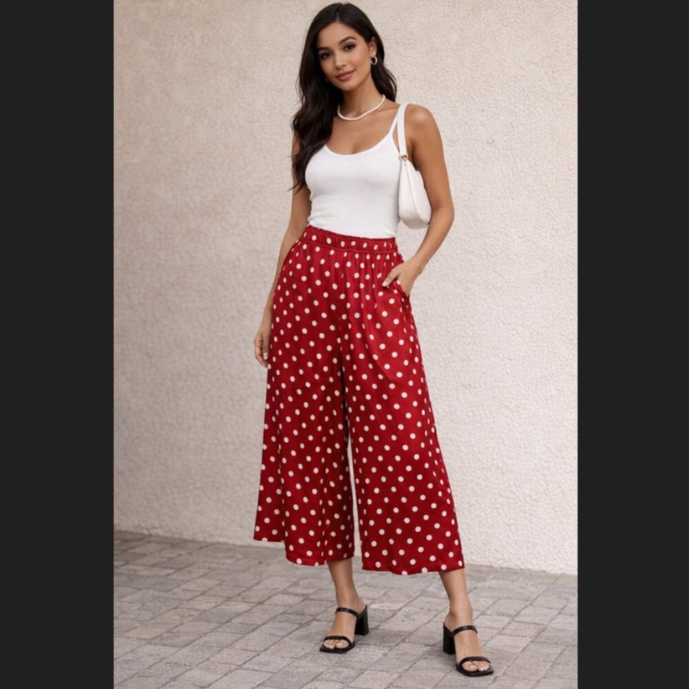 Vintage Red Polka Dot Satin Gaucho Pants - Women's
